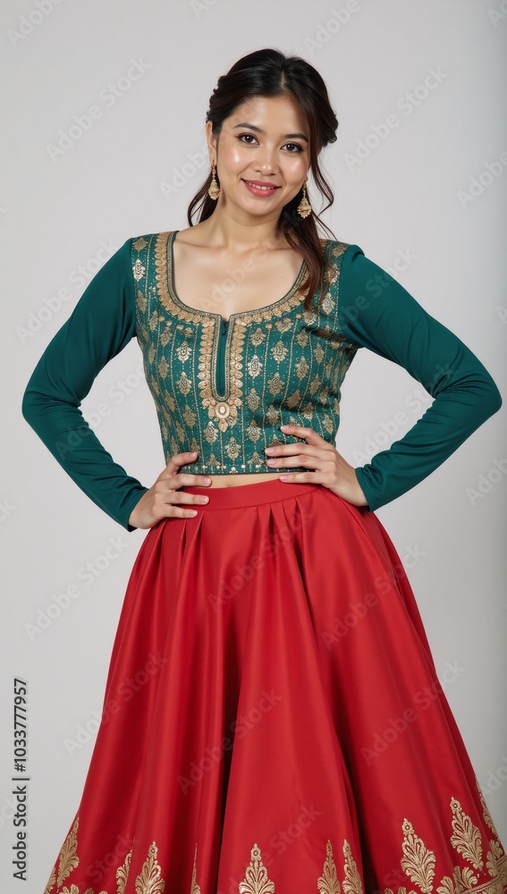A traditionally-dressed woman sporting an ornate gold-embroidered teal top with a red skirt A traditionally-dressed woman sporting an ornate gold-embroidered teal top with a red skirt