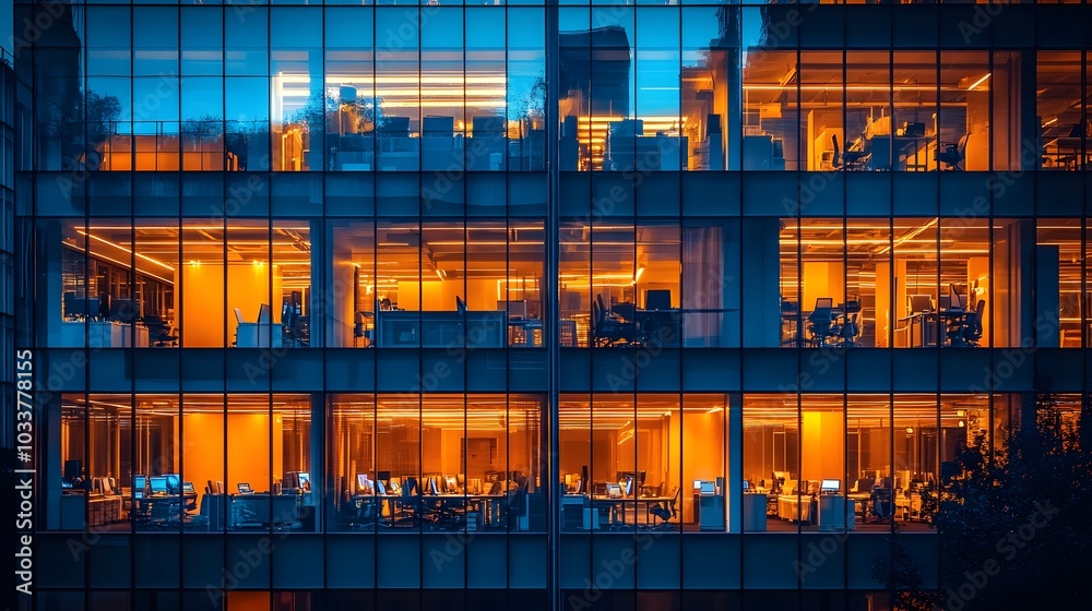 The modern office building facade at night reveals deep blue glass windows with illuminated interiors, featuring geometric patterns and warm light contrasting against the cool exterior. The modern office building facade at night reveals deep blue glass windows with illuminated interiors, featuring geometric patterns and warm light contrasting against the cool exterior.