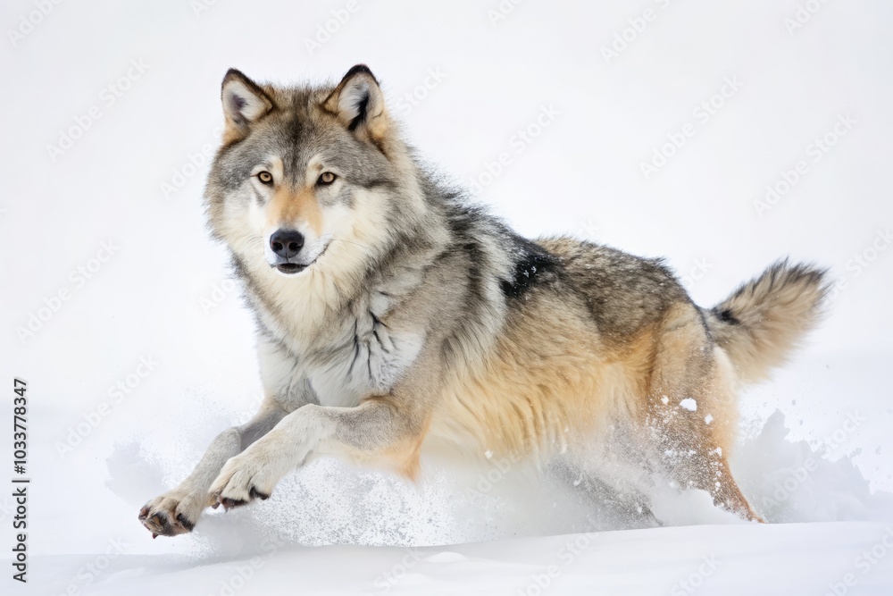 Running Timber Wolf in Winter Snow - Majestic Grey Wolf Canis lupus in Motion, Isolated on White Background, Captivating Wildlife Photography Running Timber Wolf in Winter Snow - Majestic Grey Wolf Canis lupus in Motion, Isolated on White Background, Captivating Wildlife Photography