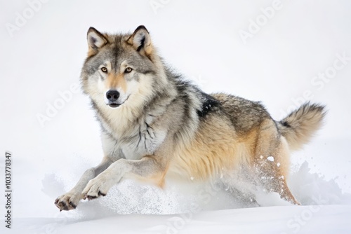 Running Timber Wolf in Winter Snow - Majestic Grey Wolf Canis lupus in Motion, Isolated on White Background, Captivating Wildlife Photography