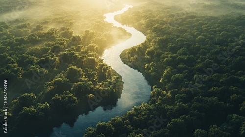 A breathtaking aerial shot of a winding river cutting through a dense forest, with sunlight filtering through the canopy and reflections on the water.