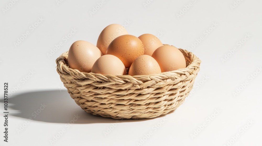 Chicken eggs on a woven straw basket Chicken eggs on a woven straw basket