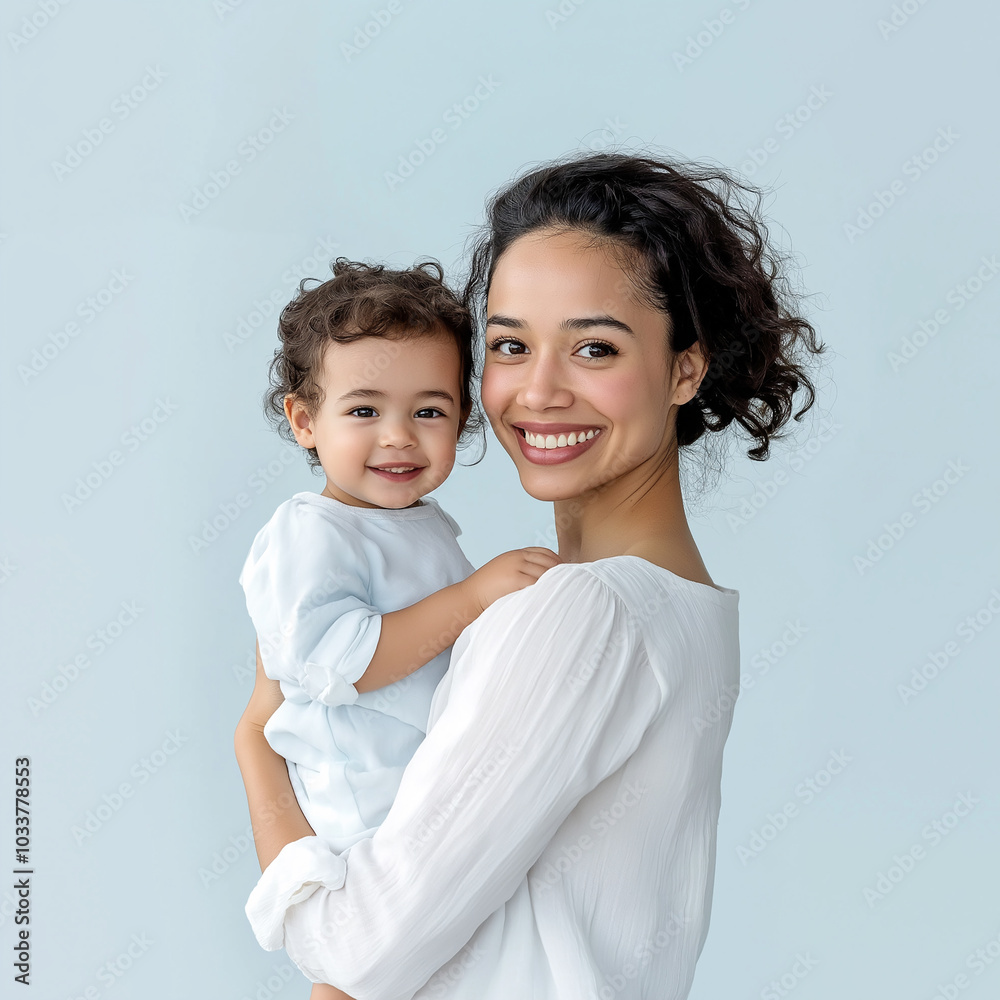 Mother's Day Celebration. A smiling mother holding her child on a light blue background Mother's Day Celebration. A smiling mother holding her child on a light blue background