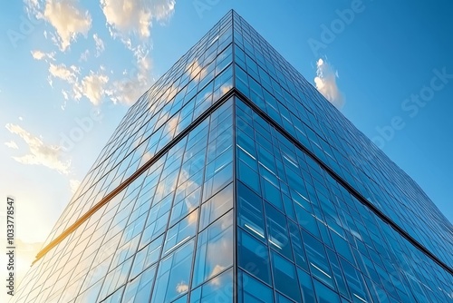 A modern glass skyscraper reflecting the blue sky and clouds, showcasing contemporary architecture and design.