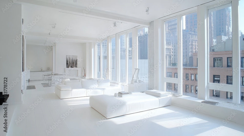 Fototapeta premium A bright and airy modern white apartment, featuring sleek white furniture, minimalist and floor-to-ceiling windows that allow natural light to fill the space.