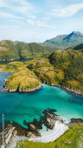 Aerial view sandy beach and turquoise sea landscape in northern Norway, travel scandinavian beautiful destinations Vesteralen islands scenery arctic wild nature summer season