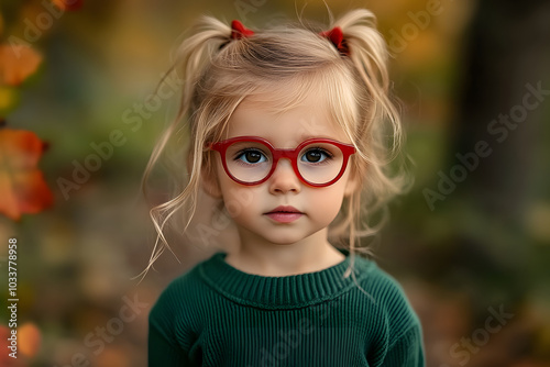 Little girl with red glasses and a green sweater in an autumn setting.