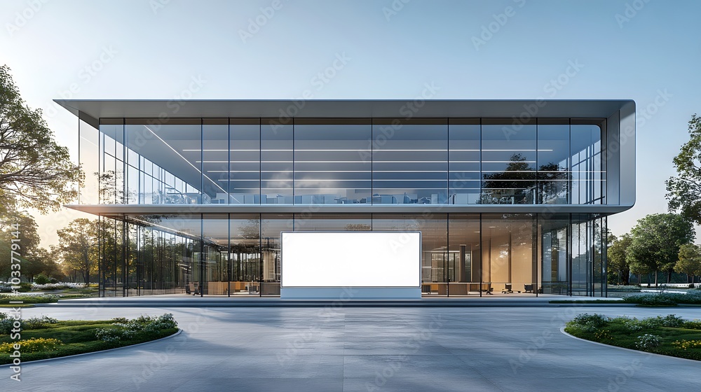 A modern office building with a light blue glass facade and a large display panel is portrayed in a panoramic urban landscape, capturing clean lines and reflective surfaces. A modern office building with a light blue glass facade and a large display panel is portrayed in a panoramic urban landscape, capturing clean lines and reflective surfaces.