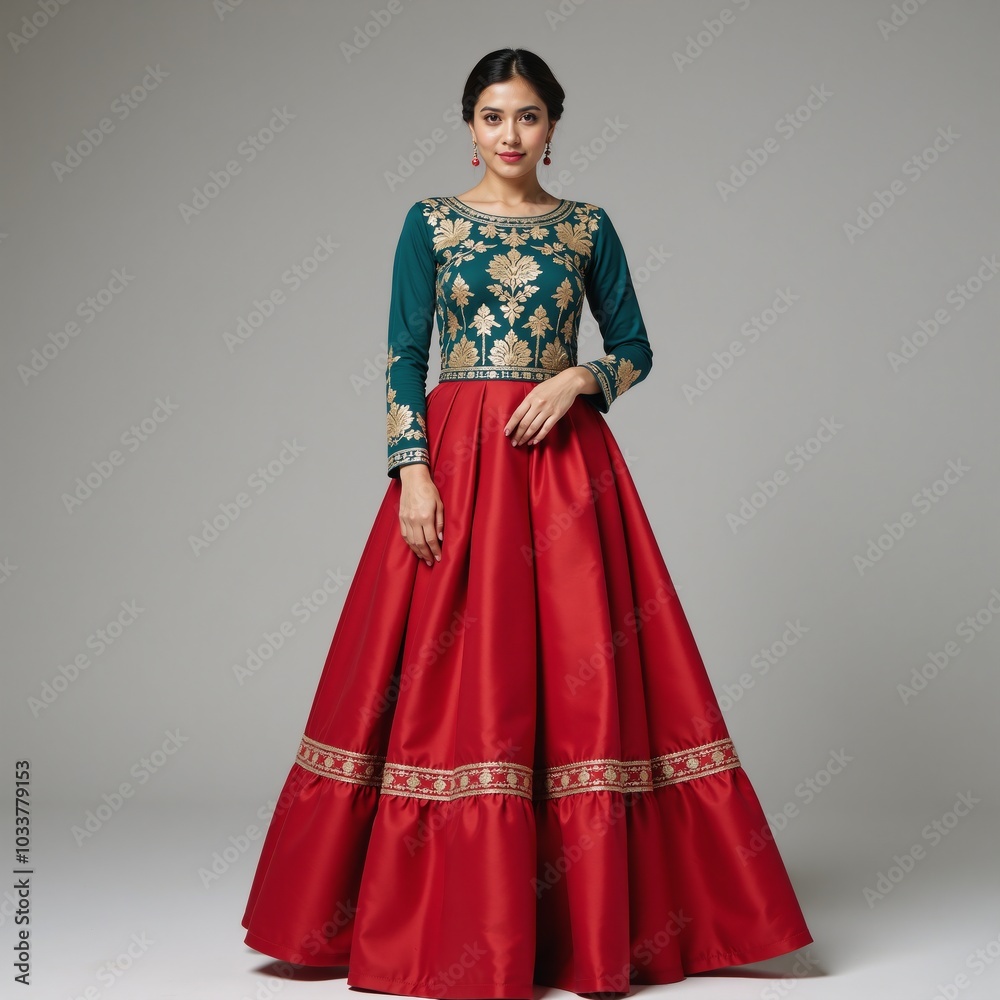 A traditionally-dressed woman sporting an ornate gold-embroidered teal top with a red skirt