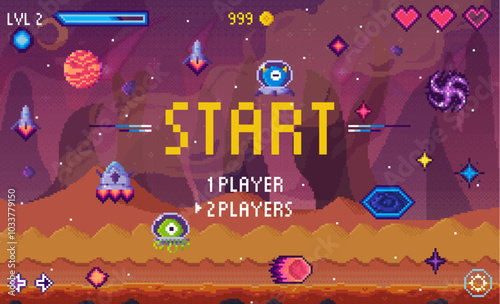 Start screen set in space. Colourful background has planets and stars, with pixelated alien icons and UI elements. Ideal for retro gaming, sci-fi themes, space adventures, pixel art fans, and classic