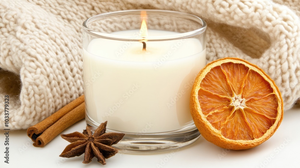 A warm candle sits beside a fresh orange slice and cinnamon sticks, arranged on a soft blanket, creating a serene atmosphere perfect for relaxation and aromatherapy A warm candle sits beside a fresh orange slice and cinnamon sticks, arranged on a soft blanket, creating a serene atmosphere perfect for relaxation and aromatherapy