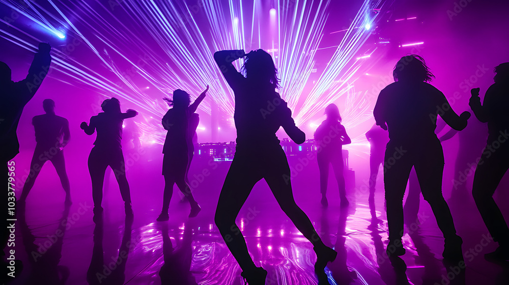 Silhouette image of people in ultraviolet light dance in disco night club to music from DJ on stage . New year night party and nightlife concept . Silhouette image of people in ultraviolet light dance in disco night club to music from DJ on stage . New year night party and nightlife concept .