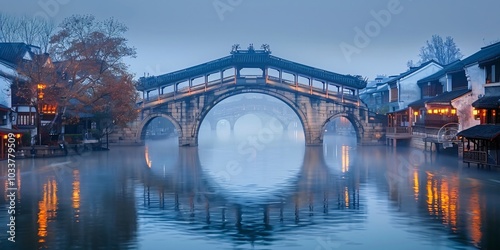 Arched bridge at sunset in a traditional Jiangnan water town, Zhejiang province. A beautiful depiction of Chinese culture with serene waterways, ancient architecture, and golden sunset light reflectin photo