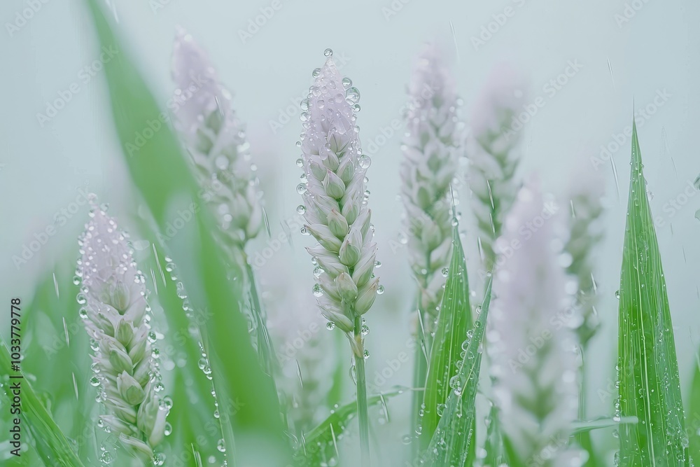 Delicate white flowers adorned with raindrops, surrounded by lush green foliage in a serene, misty atmosphere. Delicate white flowers adorned with raindrops, surrounded by lush green foliage in a serene, misty atmosphere.