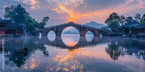 Arched bridge at sunset in a traditional Jiangnan water town, Zhejiang province. A beautiful depiction of Chinese culture with serene waterways, ancient architecture, and golden sunset light reflectin photo