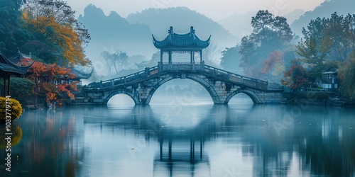 Arched bridge at sunset in a traditional Jiangnan water town, Zhejiang province. A beautiful depiction of Chinese culture with serene waterways, ancient architecture, and golden sunset light reflectin photo