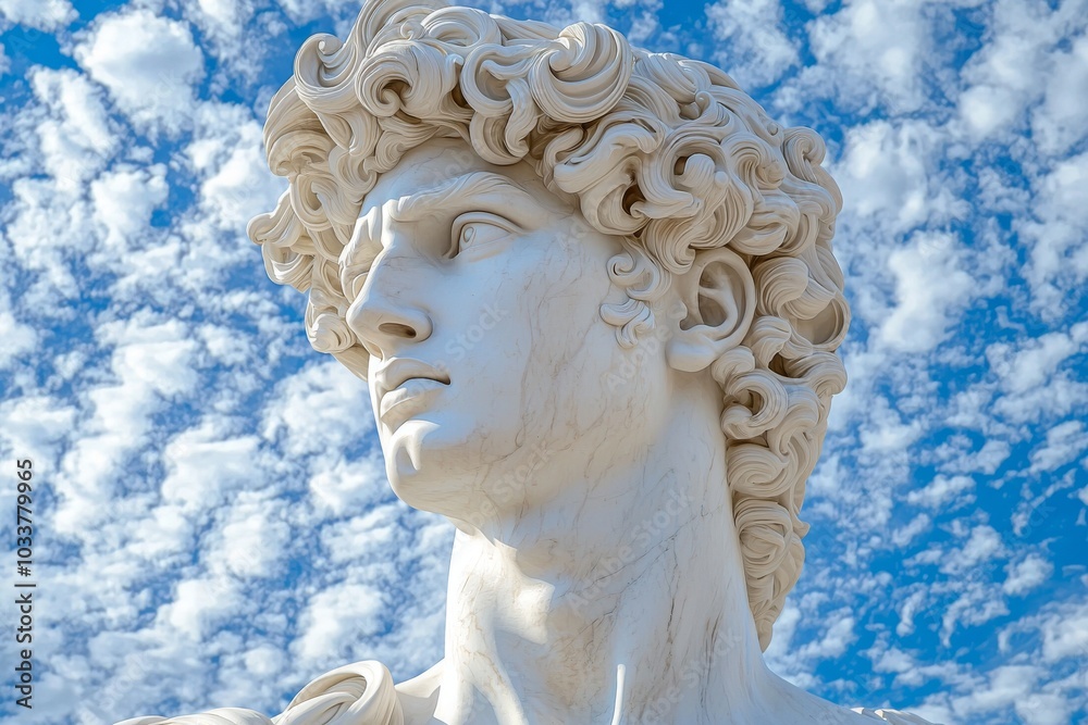 Close-up of a marble statue of a young male figure with curly hair, set against a blue sky filled with fluffy clouds. Close-up of a marble statue of a young male figure with curly hair, set against a blue sky filled with fluffy clouds.