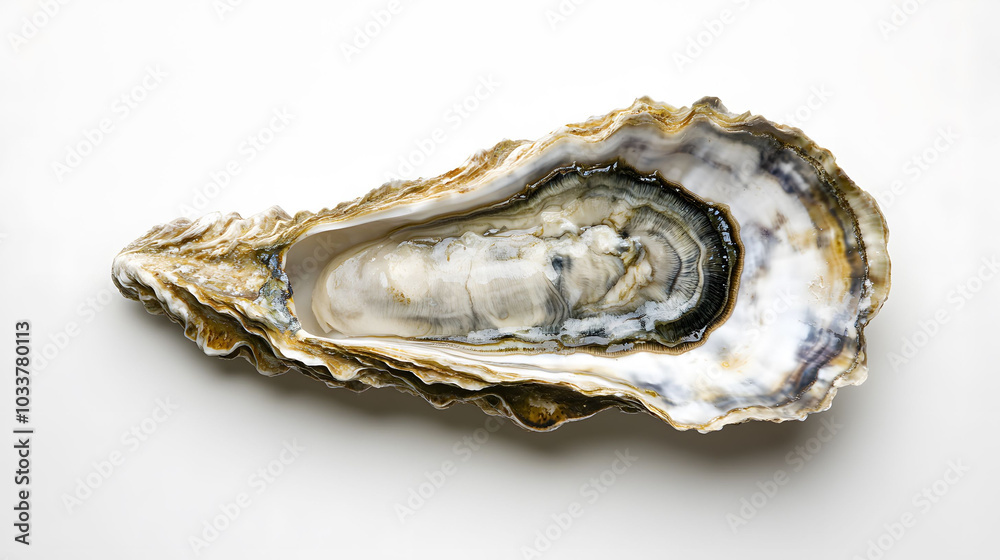 Top view of a long oyster on a white background, showcasing its unique shape and texture in an elegant presentation. Top view of a long oyster on a white background, showcasing its unique shape and texture in an elegant presentation.