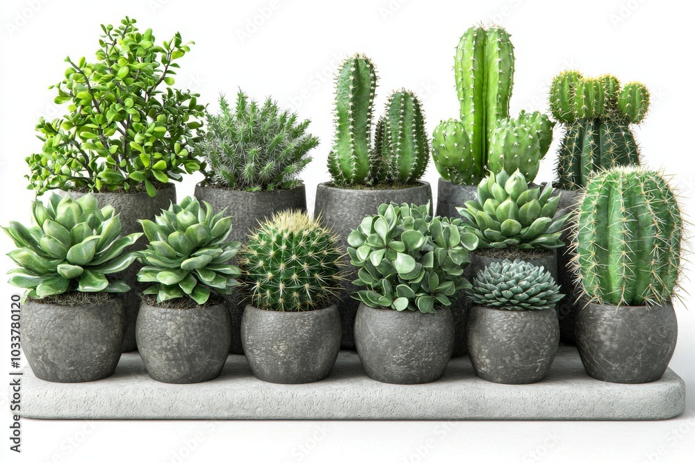 A diverse collection of succulents and cacti in grey pots, creating a vibrant green display against a white background. A diverse collection of succulents and cacti in grey pots, creating a vibrant green display against a white background.