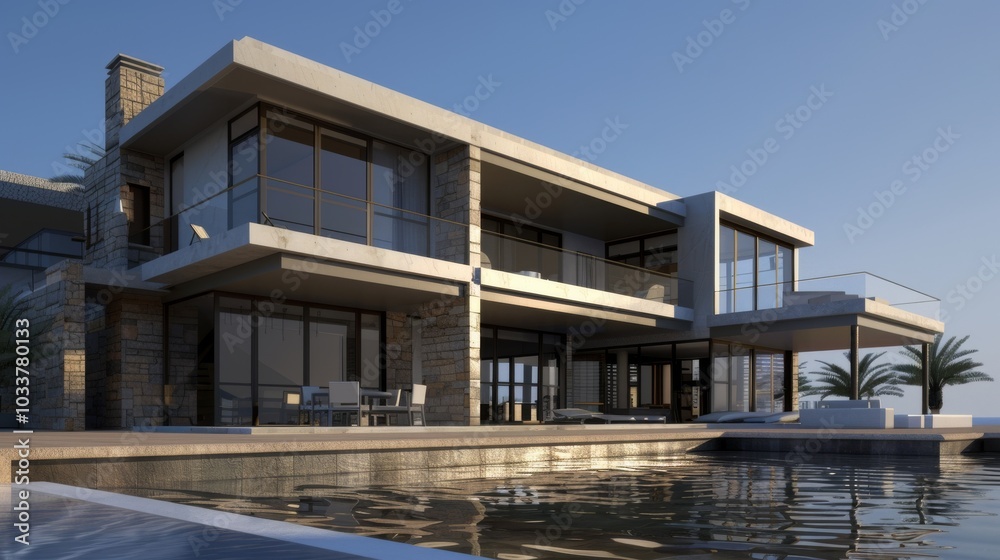 Fototapeta premium A contemporary two-story villa by the shore, showcasing a large terrace and an empty swimming pool space in the front. The villa is made of stone and glass