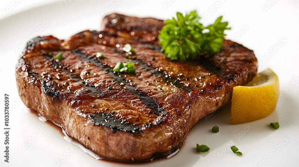 Sizzling Steak Delight, a mouthwatering pan-seared steak showcasing rich textures and vibrant colors against a clean white backdrop Sizzling Steak Delight, a mouthwatering pan-seared steak showcasing rich textures and vibrant colors against a clean white backdrop