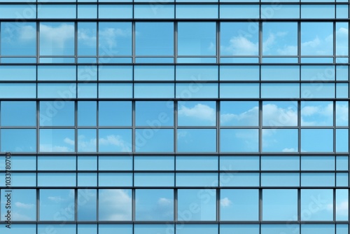 The modern building's reflective glass facade showcases a sky full of clouds, creating a serene atmosphere.