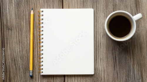 Blank white notebook with a pencil and coffee in a cup next to it on a wooden table