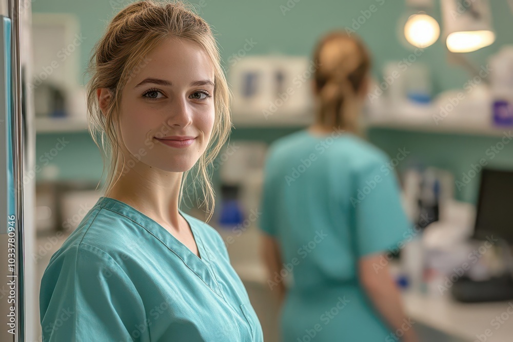 Professional young woman in medical scrubs. Professional young woman in medical scrubs.