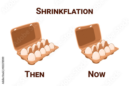 Illustration of the economic phenomenon of shrinkflation. Vector illustration on a white background. Two packs of eggs compared. Reducing the quantity of goods in the package.