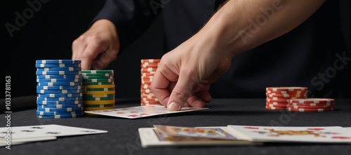 Close-up image of dynamic poker action featuring moving chips and cards photo