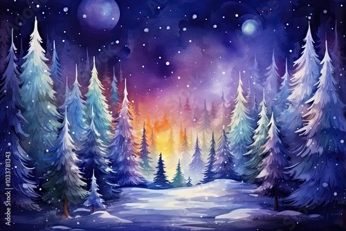 Magical forest christmas tree landscape.