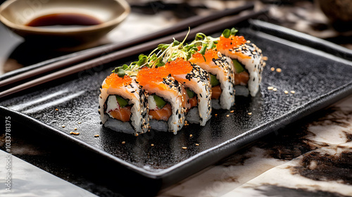 Sushi Presentation on Black Tray, Elegant Design with Light Beige and Azure Accents, Emphasizing Strong Light and Shadow Effects photo