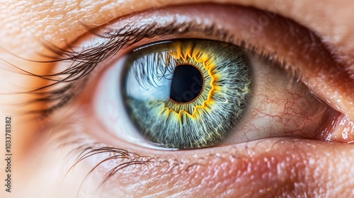 open human eye highlighting the depth of the iris, fine lines around the eyelid,