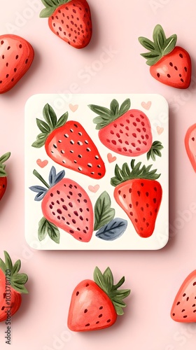 Wallpaper Mural A square sticker with a white background, on which there is an illustration of strawberries in different shades of pink and red Torontodigital.ca