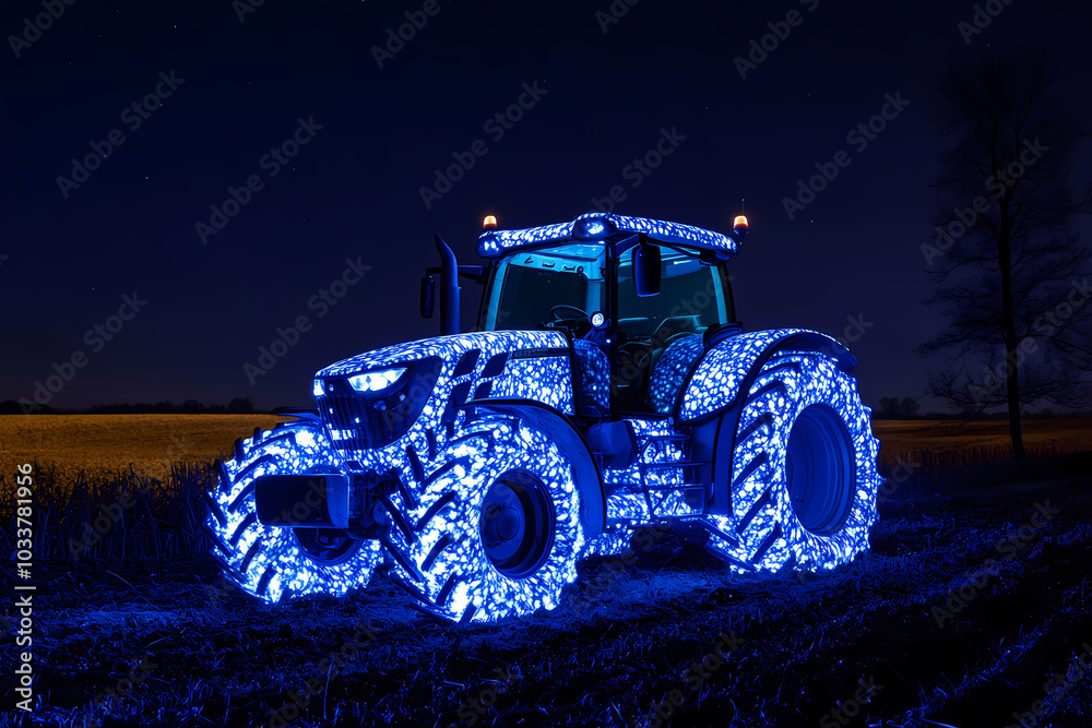 image of a tractor with bioluminescent spots glowing in the dark image of a tractor with bioluminescent spots glowing in the dark