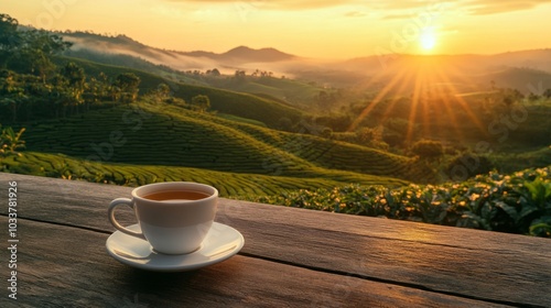 Coffee cup or tea on wooden table over tea plantation background at sunset