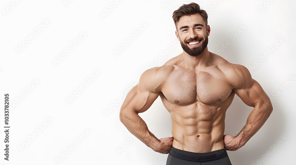 Young sport handsome man with beard over isolated white background posing with arms at hip and smiling. Young sport handsome man with beard over isolated white background posing with arms at hip and smiling.