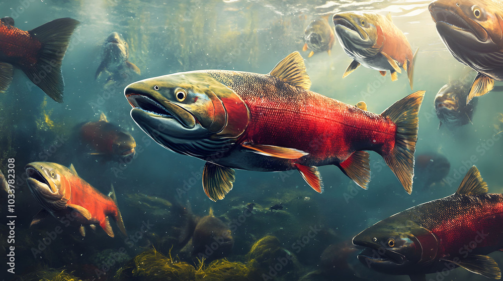 Fototapeta premium Salmon school swimming together in clear ocean waters, vibrant colors reflecting the dynamic movement of marine life