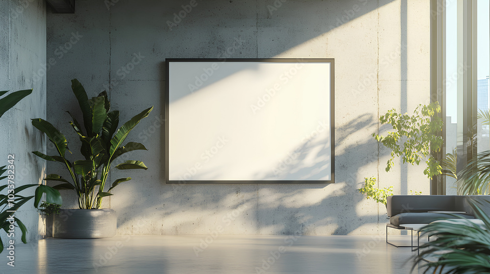 empty poster frame in a modern office interior, on a concrete wall, with natural light from windows, concept of advertising space empty poster frame in a modern office interior, on a concrete wall, with natural light from windows, concept of advertising space
