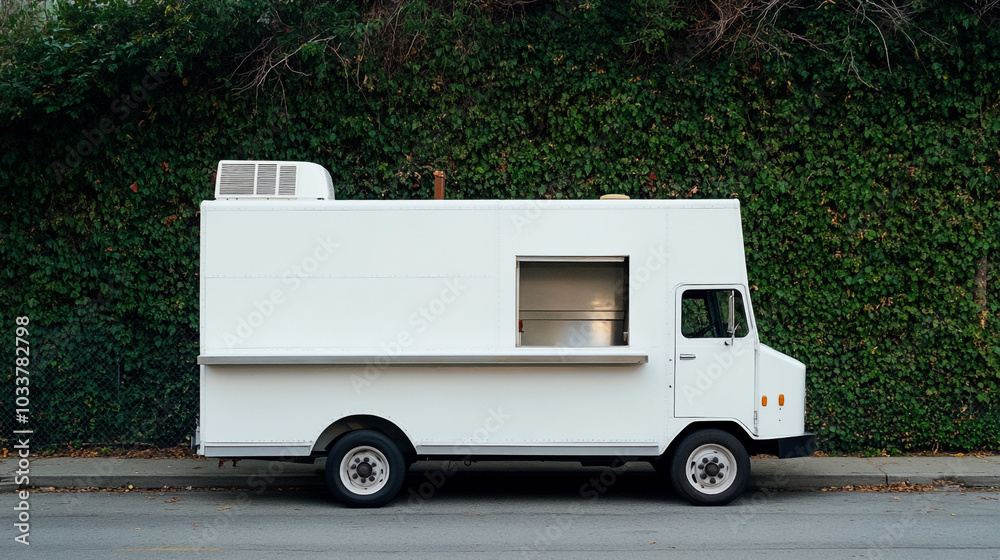 Naklejka premium A white food truck parked beside a green ivy-covered wall during a sunny day