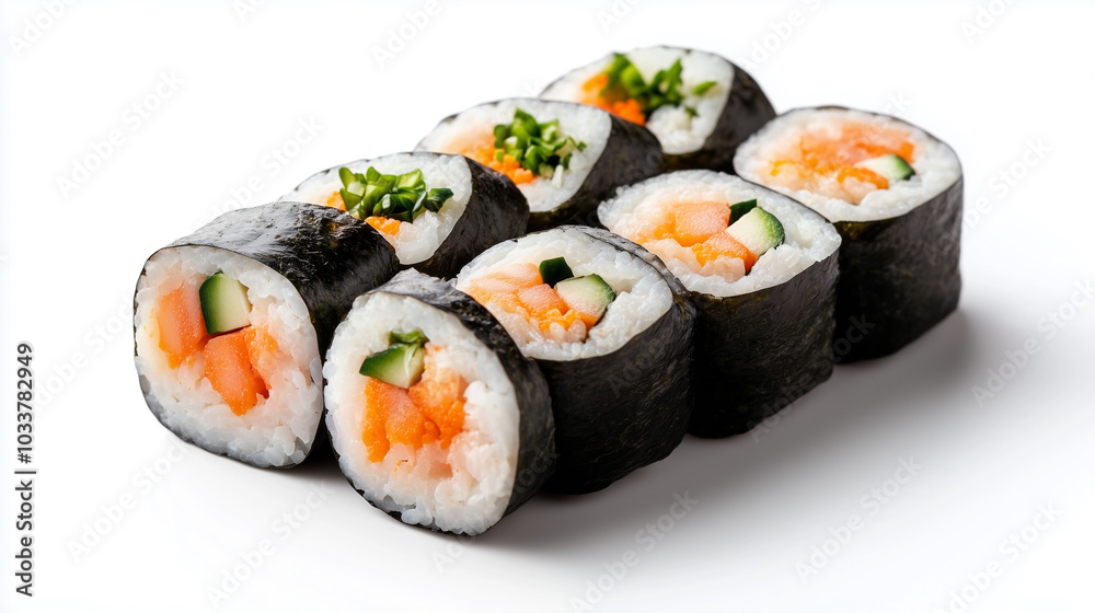 Delicious sushi rolls featuring fresh salmon, cucumber, and green onions, wrapped in seaweed. Perfect for sushi lovers and delightful addition to any meal. Delicious sushi rolls featuring fresh salmon, cucumber, and green onions, wrapped in seaweed. Perfect for sushi lovers and delightful addition to any meal.