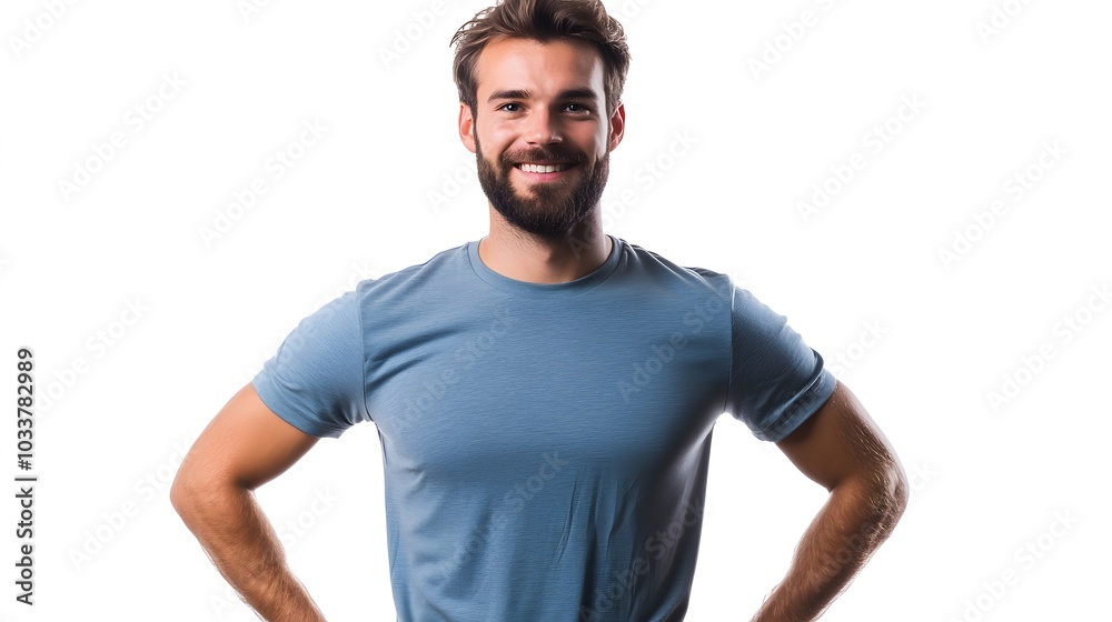 Young sport handsome man with beard over isolated white background posing with arms at hip and smiling. Young sport handsome man with beard over isolated white background posing with arms at hip and smiling.
