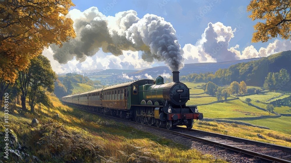 Obraz premium A classic steam train traveling through an English countryside, smoke puffing out of its chimney, with rolling hills and pastures on either side.