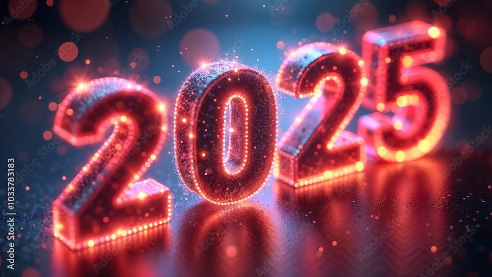 Large, illuminated numbers ‘2025’ with festive lights on a reflective surface Large, illuminated numbers ‘2025’ with festive lights on a reflective surface