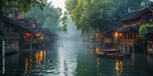 Misty Jiangnan water town illustration of Wuzhen, showcasing traditional Chinese culture under light rain. Classic scene with ancient bridges, canals, and wooden houses, capturing the serene beauty of photo