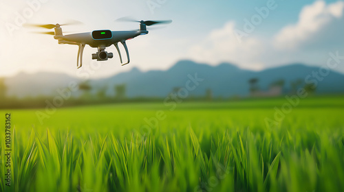 Drones flying over rice field.