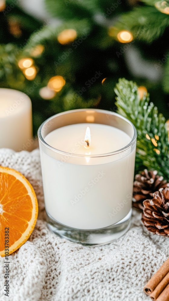 A warm candle sits beside a fresh orange slice and cinnamon sticks, arranged on a soft blanket, creating a serene atmosphere perfect for relaxation and aromatherapy A warm candle sits beside a fresh orange slice and cinnamon sticks, arranged on a soft blanket, creating a serene atmosphere perfect for relaxation and aromatherapy