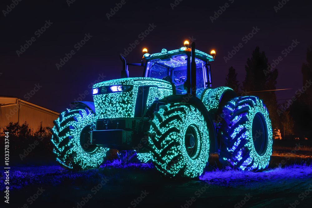 image of a tractor with bioluminescent spots glowing in the dark image of a tractor with bioluminescent spots glowing in the dark