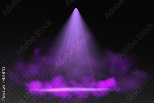 Dark stage on transparent background, purple light from spotlight, empty dark stage and studio room with floating smoke. For product demonstrations.
