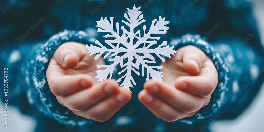 Childs hands holding a paper snowflake cutout. Decorating a house for Christmas. Winter ornaments. Childs hands holding a paper snowflake cutout. Decorating a house for Christmas. Winter ornaments.